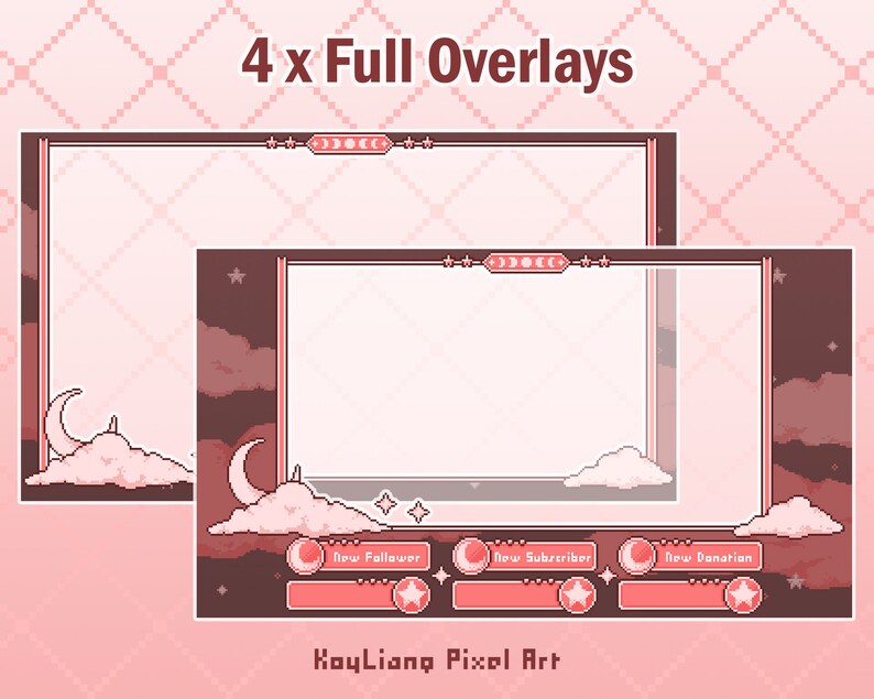 May include: Four pink and brown pixel art Twitch overlays with a crescent moon and clouds. The overlays include text for new follower, new subscriber, and new donation.