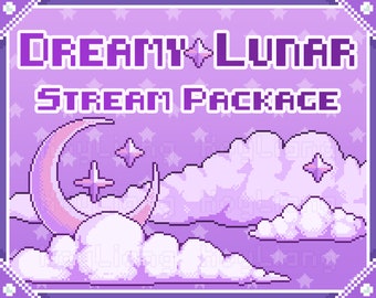 Stream Package for Twitch Channel In Cute Pixel Style, Dreamy Lunar Theme with Starry Sky and Moon