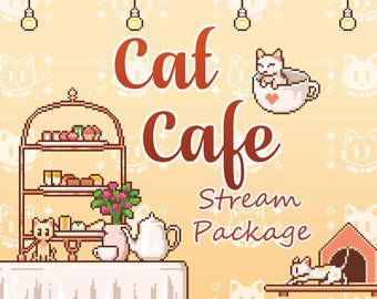 Cute Stream Package with Cat Cafe Theme, Kitty Twitch Assets Bundle in Kawaii Pixel Style for Channel Customization