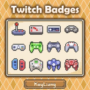 Könnte beinhalten: Pixel-Art-Twitch-Badges mit verschiedenen Gamecontrollern in einem Raster. Die Controller sind in verschiedenen Farben und Stilen gehalten, darunter ein klassischer Joystick, ein grüner Controller und ein rot-weißer Controller. Der Text "Twitch Badges" steht oben.