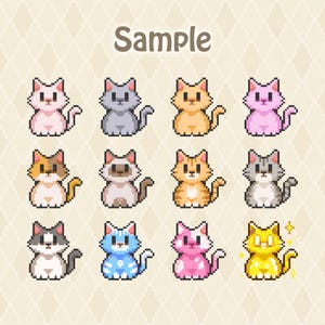 May include: A digital pixel art collection featuring twelve distinct cats arranged in a grid, each with unique color patterns including solid, tabby, calico, and sparkling gold, all displayed below the word Sample in a brown sans-serif font.