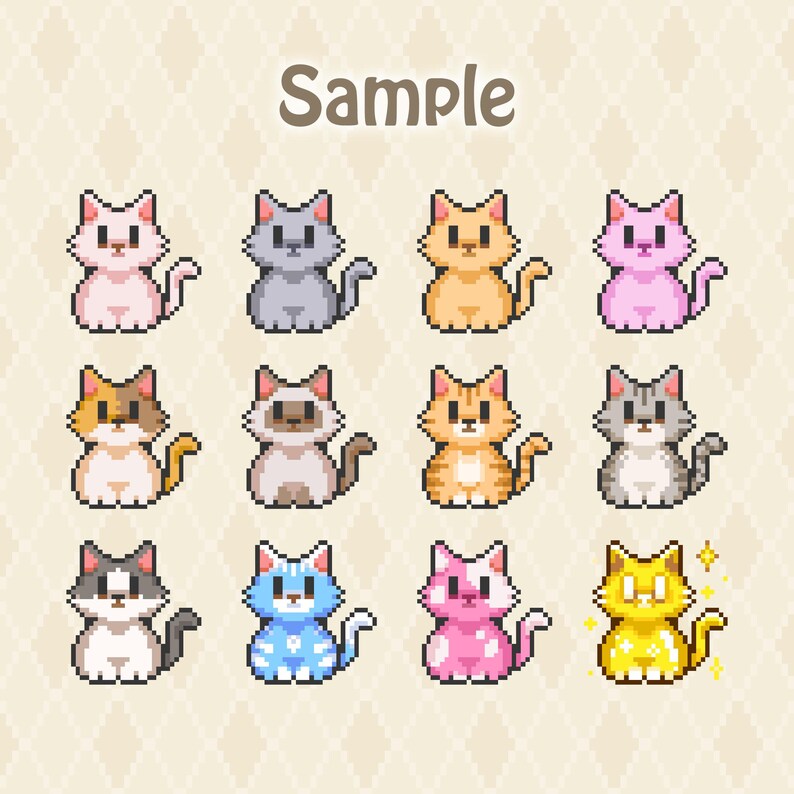 May include: A digital pixel art collection featuring twelve distinct cats arranged in a grid, each with unique color patterns including solid, tabby, calico, and sparkling gold, all displayed below the word Sample in a brown sans-serif font.