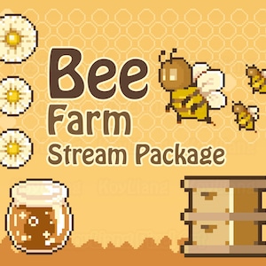 Puede incluir: Una ilustración de píxeles de un paquete de transmisión en directo de una granja de abejas. La imagen presenta una colmena, un tarro de miel, tres flores blancas y varias abejas. El texto "Bee Farm Stream Package" está escrito en letras marrones.