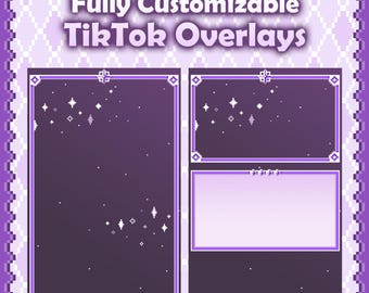 May include: A set of purple pixel art TikTok overlays featuring a starry night theme with decorative borders. The text reads Fully Customizable TikTok Overlays and KayLiano Pixel Art. The design includes a vertical frame and two rectangular frames.
