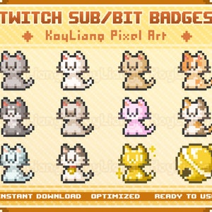 Twitch sub badges with cute kittens in retro 8bit style, pixel cat bit badges in bundle