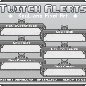 Twitch Alerts with Pixel Black Cat, Cute Streaming Pop Up Windows, New Follower Highlight