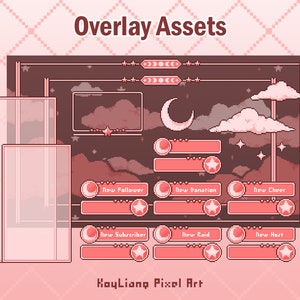 May include: A set of pixel art overlays for Twitch or YouTube streams, featuring a night sky with clouds, stars, and a crescent moon. The overlays include text boxes for "New Follower", "New Donation", "New Cheer", "New Subscriber", "New Raid", and "New Host".