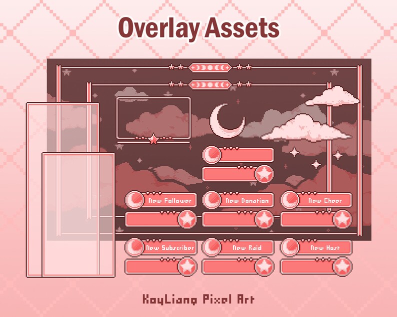 May include: A set of pixel art overlays for Twitch or YouTube streams, featuring a night sky with clouds, stars, and a crescent moon. The overlays include text boxes for "New Follower", "New Donation", "New Cheer", "New Subscriber", "New Raid", and "New Host".