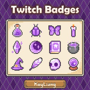 Witchy Twitch Sub Badges: 8Bit Pixel Art, Purple Theme