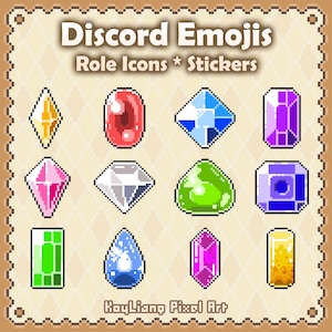 May include: A digital graphic featuring pixel art of twelve colourful gemstones arranged in a grid. The text reads Discord Emojis Role Icons * Stickers and KayLiang Pixel Art. The background is a light beige with a subtle diamond pattern.