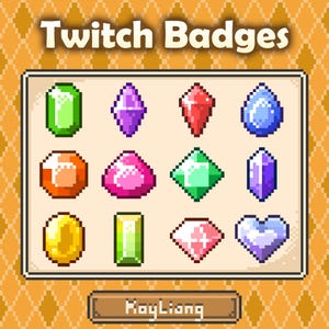 Pode incluir: Uma coleção de doze ícones de gemas em pixel art com a etiqueta Twitch Badges no topo e KayLiang na parte inferior. As gemas incluem várias formas e cores como verde, roxo, vermelho, azul, laranja, rosa, amarelo e branco em grade.