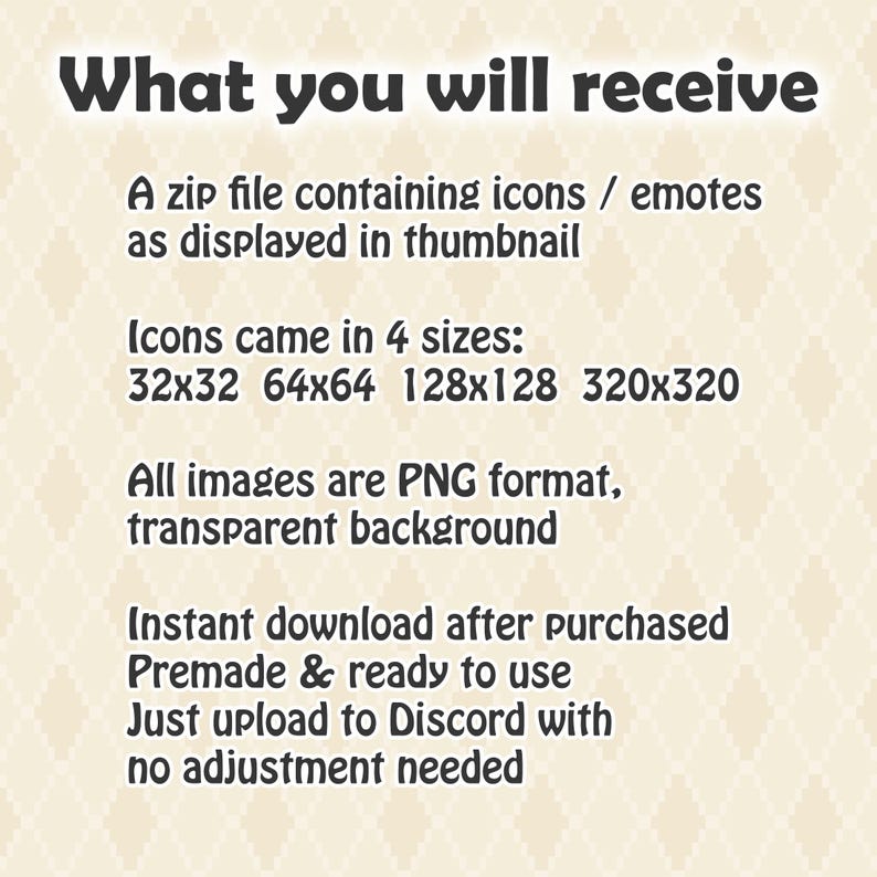 May include: Text on a cream-colored background reads "What you will receive." It describes a zip file of icons/emotes in PNG format with a transparent background, available in four sizes: 32x32, 64x64, 128x128, and 320x320. The text also mentions instant download and ready-to-use icons.