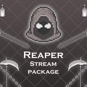 May include: A pixel art graphic featuring a hooded figure with glowing white eyes, two scythes, two lanterns, and chains on a dark gray diamond-patterned background. The text REAPER STREAM PACKAGE is centered in white capital letters below the figure.
