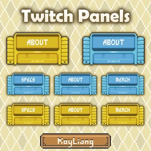 Pode incluir: Um conjunto de painéis Twitch pixelizados em amarelo e azul, com etiquetas de texto como "About", "Specs" e "Merch". Os painéis têm uma estética de videogame retrô, com um fundo de padrão de diamante e o texto "Twitch Panels" no topo.