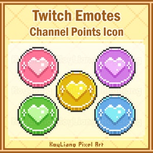 5 Colorful Coin Emotes with Heart Pattern, Pixel Style Channel Points Icon, Cute Love Money
