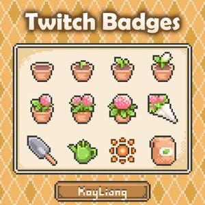May include: A collection of pixel art Twitch Badges featuring gardening themes, including terracotta pots with plants in various growth stages, a bouquet, a trowel, a green watering can, a sun icon, and a seed packet, with the text Twitch Badges and KoyLiang.