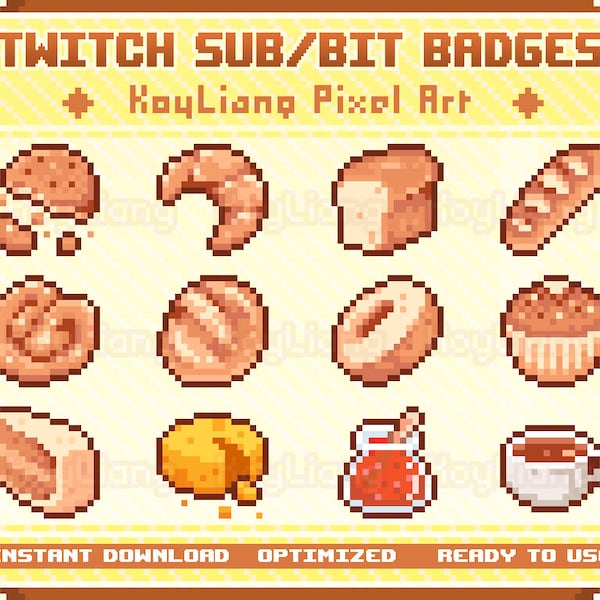 Pastry and Cake Sub Badges for Twitch Channel in Cute Pixel Style for Streamer, Bakery Bit Badges with Bread and Coffee to Reward Subscriber