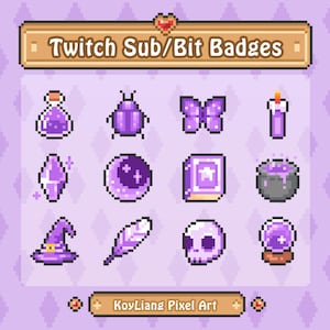 Witchy Sub Badge für Twitch im süßen 8Bit Pixel Stil, gruselige und mystische Tier Badge im Lila Theme