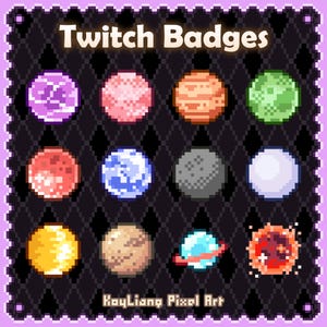 May include: A set of twelve pixel art planet badges arranged in a grid on a black diamond pattern background. The text Twitch Badges appears at the top and KayLiang Pixel Art at the bottom. The planets feature various colors including purple, pink, orange, green, red, blue, gray, white, yellow, tan, and a ringed planet.
