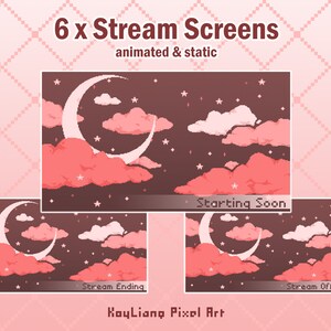 May include: Six animated and static stream screens featuring a crescent moon, pink clouds, and stars against a dark brown background. The text "Starting Soon", "Stream Ending", and "Stream Offline" is displayed on the screens.