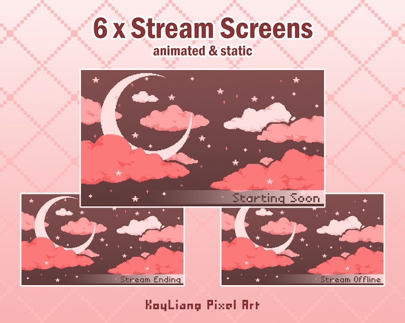 May include: Six animated and static stream screens featuring a crescent moon, pink clouds, and stars against a dark brown background. The text "Starting Soon", "Stream Ending", and "Stream Offline" is displayed on the screens.