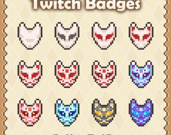 May include: A collection of twelve pixel art fox masks arranged in a grid, labeled Twitch Badges at the top and KayLiang Pixel Art at the bottom. The masks feature various color schemes including white, red, blue, purple, and yellow patterns.