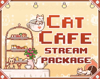 Cute Stream Package in Cat Cafe Theme and Kitty Twitch Assets Bundle in Kawaii Pixel Style for Channel Customization