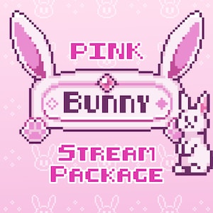 Cute Stream Package with Little Bunny Theme in Pastel Pink Color - Twitch Overlays Bundle, Streamer Assets Download