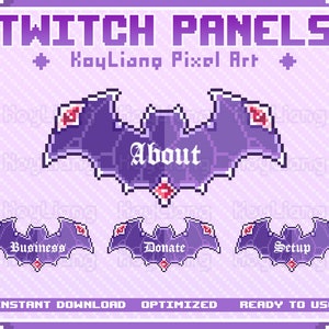 Pannelli gotici di Twitch con icona di pipistrello in stile 8 bit per la sezione Informazioni, barra del titolo del canale di streaming in tema spettrale