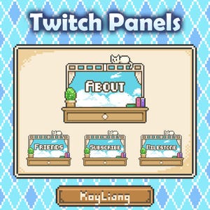 Puede incluir: Paneles de Twitch en pixel art con tema de ventana. Los paneles incluyen "About", "Friends", "Subscribe" y "Milestone" con un gato encima. El fondo es un patrón de diamantes azul claro. El nombre del creador, "RoyLiang", está en la parte inferior.
