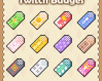 May include: A collection of twelve rectangular pixel art Twitch Badges arranged in a grid. Each badge features a unique colour palette including green, yellow, red, blue, pink, orange, purple, brown, grey, white, teal, and magenta with distinct patterns.