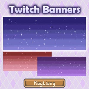 May include: Pixelated Twitch banners with a starry night sky design in shades of blue, red, and purple. The banners feature a gradient effect and small white stars. The text "Twitch Banners" is at the top.