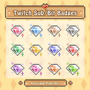 Diamond Sub Badges for Twitch Channel - Cute Pixel Style Bit Badges, Retro Gaming Treasure, Shining Crystal in Variety of Colors