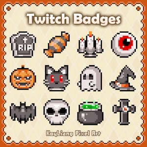 May include: A set of twelve pixel art Twitch Badges featuring Halloween icons including a tombstone with RIP text, candy, candles, an eyeball, a pumpkin, a cat, a ghost, a witch hat, a bat, a skull, a cauldron, and a cross on a cream background.
