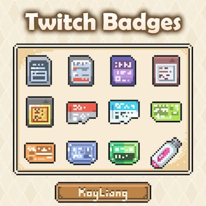 以下が含まれることがあります： 様々な形と色をした、ピクセルアートのTwitchバッジのコレクション。書類、カード、USBドライブなど。上部に「Twitch Badges」、下部に「RoyLiang」の文字。
