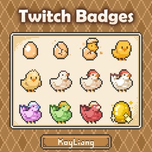 Puede incluir: Conjunto de insignias de Twitch en pixel art que representan huevos y pollitos. Las insignias muestran diferentes etapas de eclosión y desarrollo, con colores como amarillo, blanco, rosa, verde y morado. El texto "Twitch Badges" está en la parte superior.