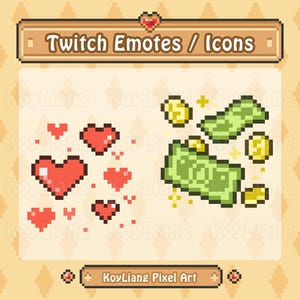Twitch Pixel Emotes Package - Tips and Donation Icons, Falling Heart, Money Dropping