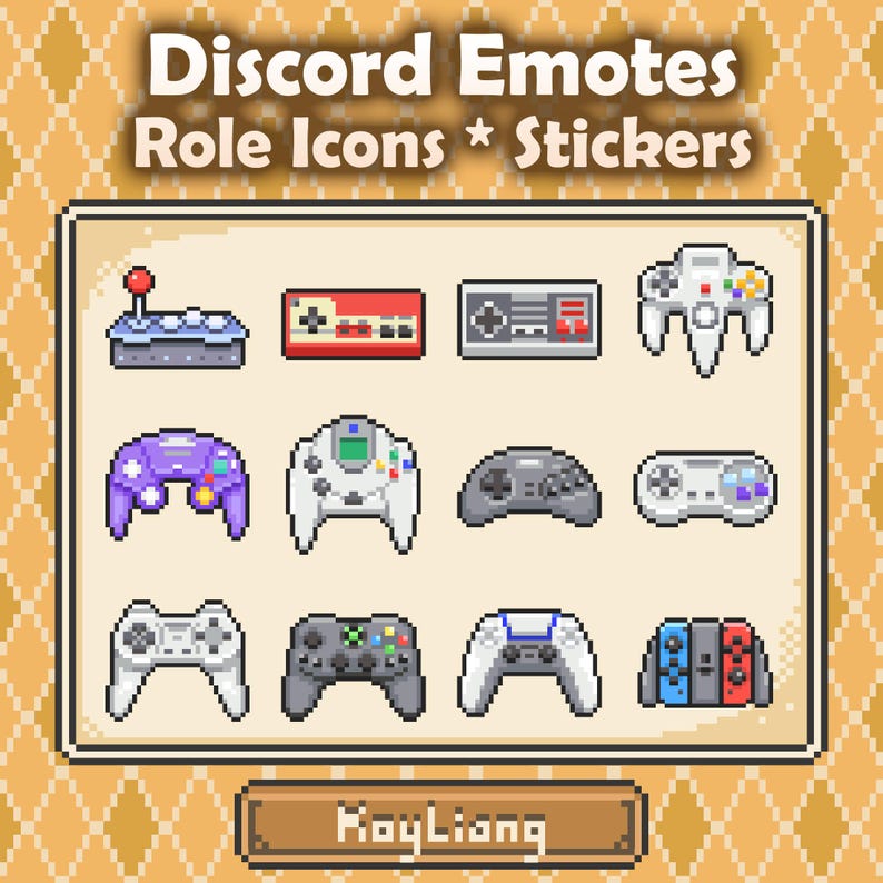 May include: Pixel art graphic featuring various video game controllers, including a joystick, NES, SNES, N64, PlayStation, and Switch controllers. The image includes the text "Discord Emotes Role Icons * Stickers" and the name "KayLiang".