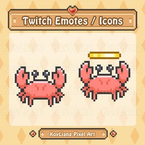 May include: Two pixel art crab emotes for Twitch. The crab on the left is red and has no halo. The crab on the right is red and has a gold halo.
