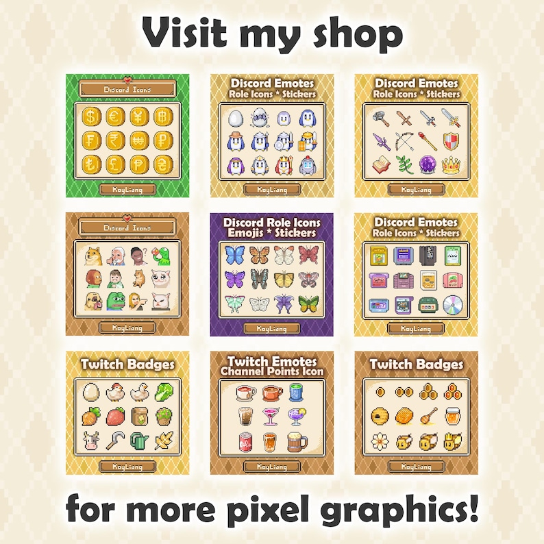May include: Nine square graphics with pixel art designs. The top row features currency symbols, cute characters, and weapons. The middle row shows various characters, butterflies, and retro game icons. The bottom row displays food, drinks, and floral designs. Text reads "Visit my shop" and "for more pixel graphics!"