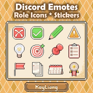 May include: A set of pixelated Discord emotes, role icons, and stickers. The image displays various icons such as a tick, pencil, lightbulb, target, drawing pin, flag, documents, calendar, and a star medal. The text "Discord Emotes Role Icons * Stickers" is at the top.