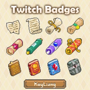 May include: A collection of twelve pixel art Twitch Badges featuring various scrolls, books, and magical items. The top text reads Twitch Badges and the bottom text reads KayLiang. The items include parchment, rolled scrolls with gems, and bound books.