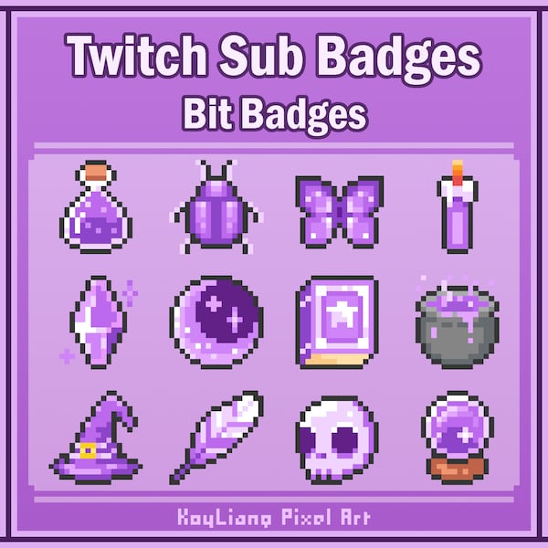 Witchy Sub Badges for Twitch Streaming in Cute 8Bit Pixel Style, Spooky and Mystical Bits Tier Badge in Purple Theme