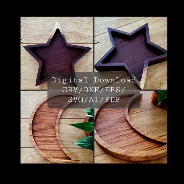 Moon, Star, Trays, Cnc File, Crv,Dxf,Ai,Pdf,Eps,Svg, Moon Svg, Tray, Star svg, Vcarve, Cnc, Dxf, Tray Cnc, Catchall, Cnc, Moon Dxf, Download