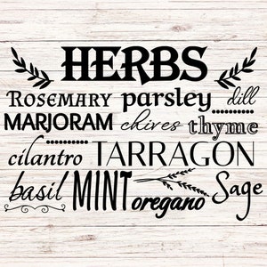 May include: A white wood sign with black text listing various herbs: rosemary, parsley, dill, marjoram, chives, thyme, cilantro, tarragon, basil, mint, oregano, and sage.