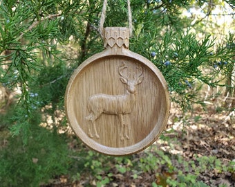 Deer Christmas Ornament-3-D carve oak wood, Christmas Decoration, Xmas Decor, Farmhouse Christmas, hunter Christmas, Wooden Deer, Reindeer
