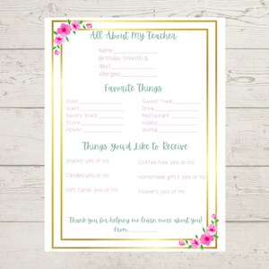 Teacher Favorite Things Form - Etsy