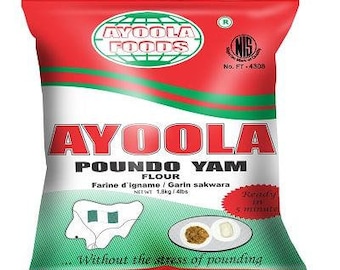 May include: A red, white, and green bag of Ayoola Poundo Yam Flour. The bag has a logo with a globe and the text "Ayoola Foods". The bag also has the text "No. FT-4308" and "Ready in 5 minutes". The bag is labeled "Poundo Yam Flour" and "Farine d'igname / Garin sakwara". The bag also has a picture of a yam and a bowl of pounded yam.