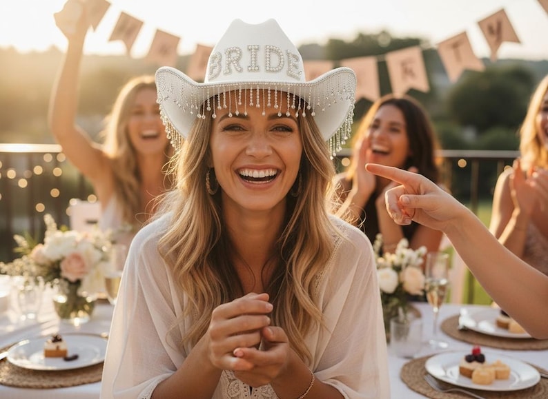May include: A smiling woman wearing a white cowboy hat with the word "BRIDE" in silver letters. The hat has a beaded fringe. Other women are in the background, celebrating at an outdoor event. The scene is lit by warm sunlight.