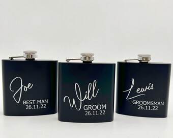Personalised Black 6oz Stainless Steel Hip Flask, Wedding, Groomsman, Ushers, 18th Birthday, Fathers Day